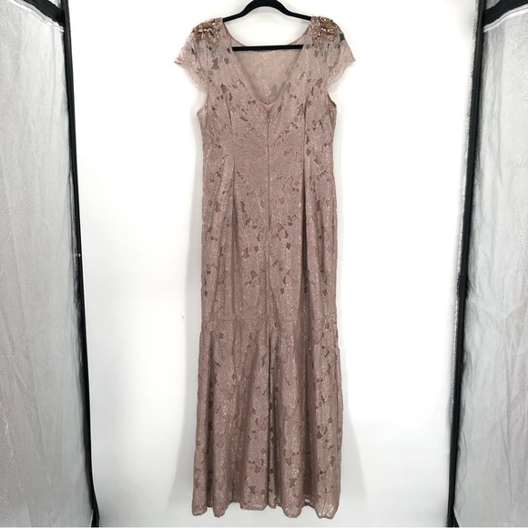ADRIANNA PAPELL Embellished Metallic Lace Gown Dress 14 Blush Mother Wedding - Picture 6 of 14